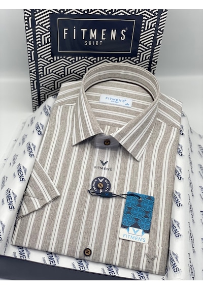 Klasik Kısa Kol Keten Cotton Nefes Alan Kumaş Hediye Kutulu Erkek Gömlek Fs-004574 - Bej-3308