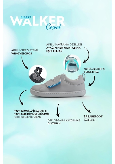 Smart Walker Casual Süper Mat Havalı Gri Barefoot Çocuk Ayakkabı Havalı Gri