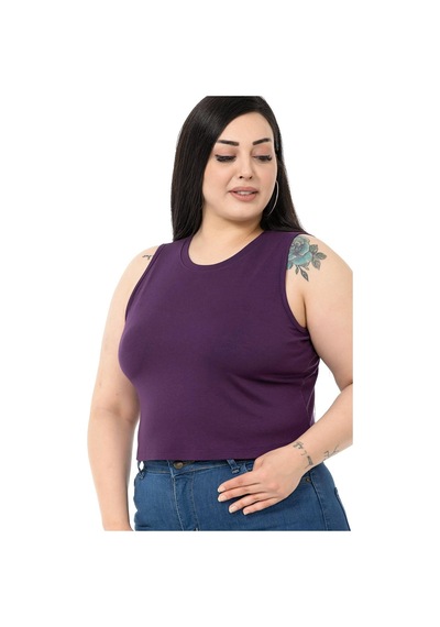 Disentis Büyük Beden Bisiklet Yaka Kolsuz Crop Viskon Mürdüm Body-mürdüm Mürdüm