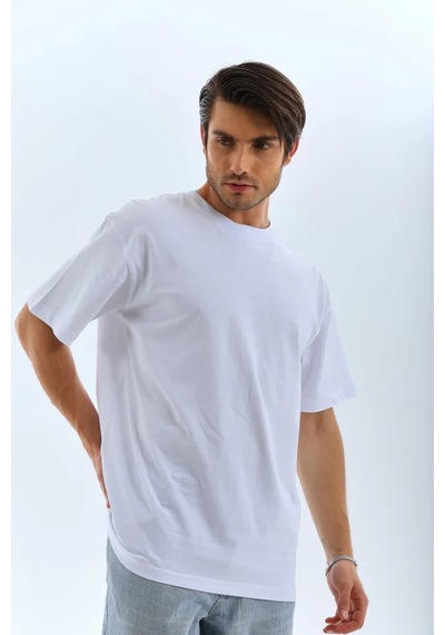 Veraura Lifestyle Unisex Oversize Düz Bisiklet Yaka T-shirt - Beyaz
