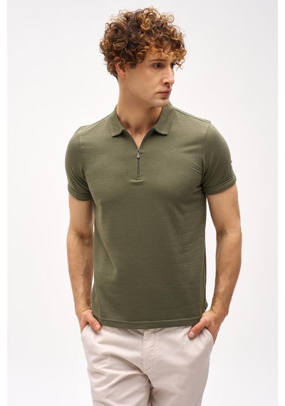 Açık Yeşil Slim Fit Dar Kalıp Fermuarlı Polo Yaka Düz Kısa Kollu Tişört-16406 Yeşil