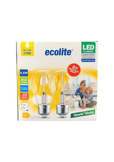 Ecolite 6,5w Led Filament Ampul E27 60w Eşdeğer 2700k Sarı Işık 810 Lümen 2 Li Paket Standart