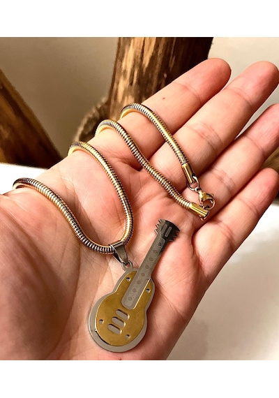 Kalın Çelik Burgu Zincir-gitar Figürlü Unisex Çelik Kolye 55cm Altın - Gümüş