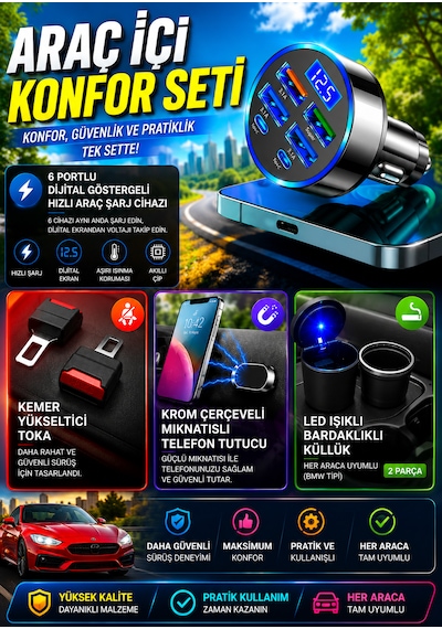 Araç İçi Konfor Seti 6 Portlu Hızlı Şarj Cihazı + Kemer Yükseltici Toka + Mıknatıslı Telefon Tutucu + Led Işıklı Küllük Seti