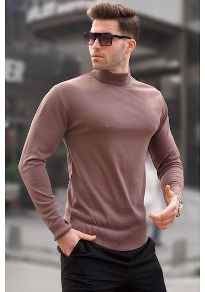 Madmext Bisküvi Renk Slim Fit Yarım Balıkçı Yaka Erkek Triko Kazak 6343 Bisküvi