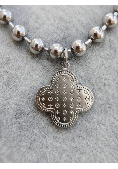 Cm Jewelry Çelik Top Zincirli Yonca Desenli Uzun Kolye Gümüş