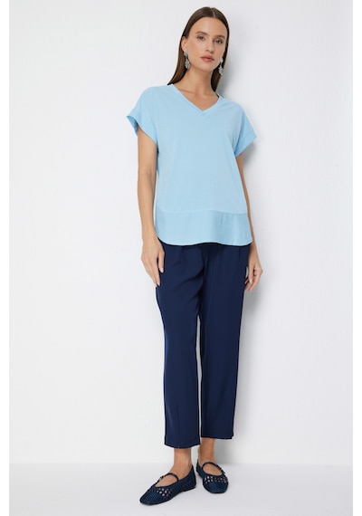 On Kadın V Yaka Parçalı T-shirt 71475 Mavi