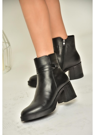 Fox Shoes T555451403 Siyah Hakiki Deri Kalın Topuklu Kadın Bot Siyah