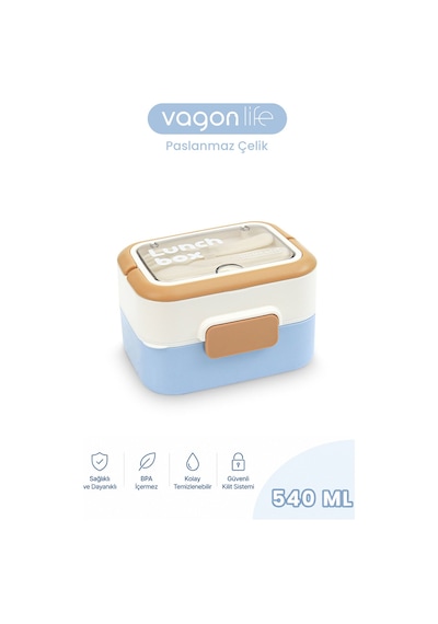 540 Ml 2 Kat Paslanmaz Çelik Lunch Box Yeni Nesil Sefer Tası Çatal & Kaşık Ff6750-540 Mavi
