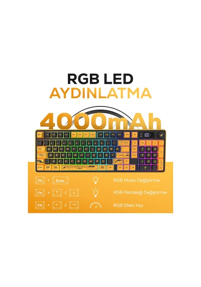 Hawk Gaming Hk258 Lcd Rgb Kablosuz/bluetooth Sarı Siyah Gaming Klavye