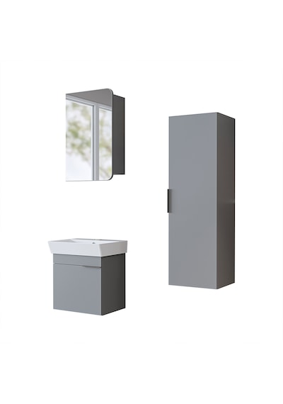 Likya Kapaklı Lavabolu 50 Cm Banyo Alt Dolabı + Üst Dolabı + Banyo Boy Dolabı Kül Gri