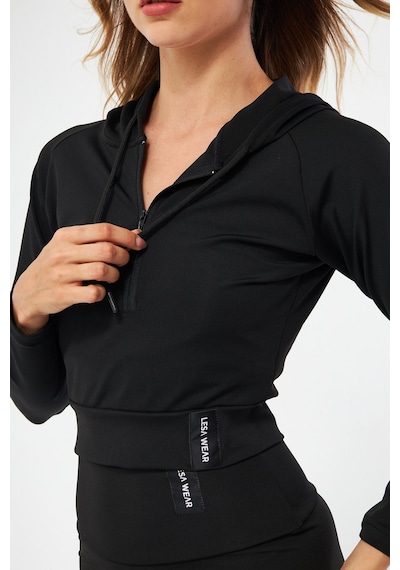 Lesa Wear Kapüşonlu Içi Polarlı Yumuşacık Şardonlu Kaşkorse Crop Likralı Sweatshirt Siyah