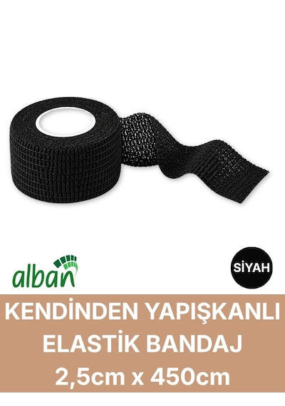 2,5cm Kendinden Yapışkanlı Elastik Bandaj, Kohesiv Bandaj 2,5cm X 4.5m Spor, Bilek, Ayak Bileği, Veteriner Bandajı Siyah