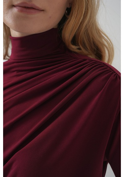 Hiccup Bdart Drape Detaylı Vücuda Oturan Dik Yaka Bluz Bordo Kırmızı