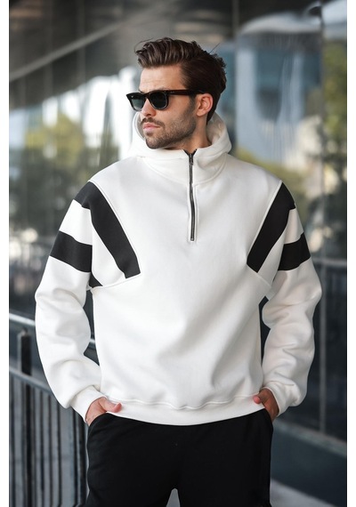 Madmext Ekru Fermuarlı Yaka Kapüşonlu Erkek Sweatshirt E7161 Ekru