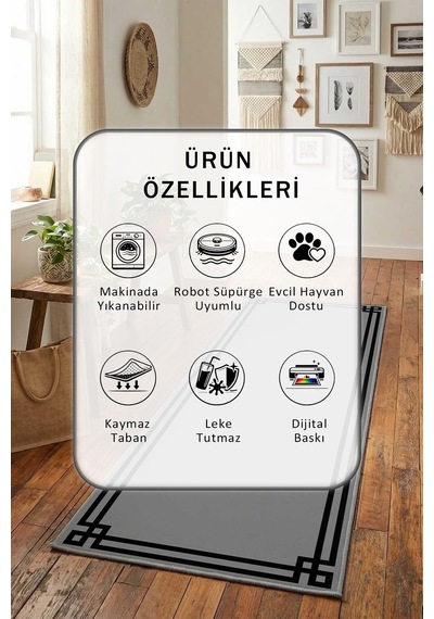 Klasik Gri Siyah Yıkanabilir Yolluk Gri - Siyah