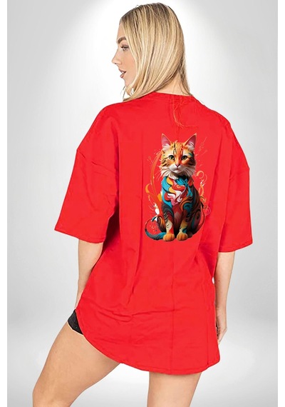 Renkli Yağlı Boya Kedi Kırmızı Oversize Unisex Ön Ve Sırt Baskılı Tişört Kırmızı