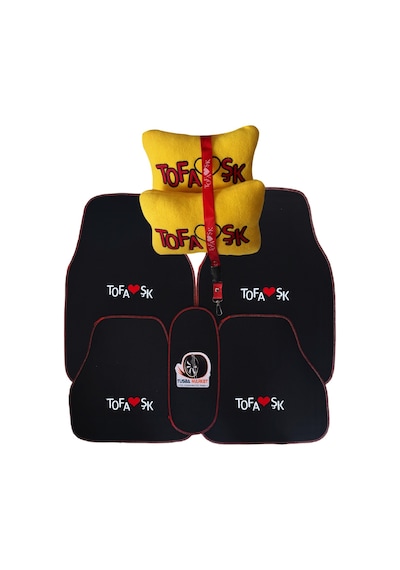 Tofaş Uyumlu 5 Parça Nakışlı Siyah Oto Halı Paspas / Tofaş Uyumlu Seyahat Boyun Yastığı & Oto Ayna Askısı