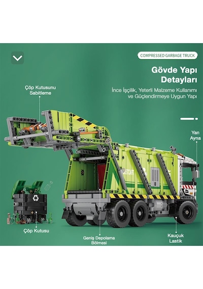 Reobrix Technic 22022 Çöp Toplama Kamyonu Garbage Truck Kumanda&motorlu Yaratıcı Yapı Blok Seti Building Blocks - 1468 Parça