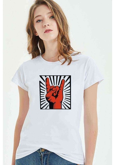 Rock'N Roll El Işareti Baskılı Beyaz Kadın Tshirt
