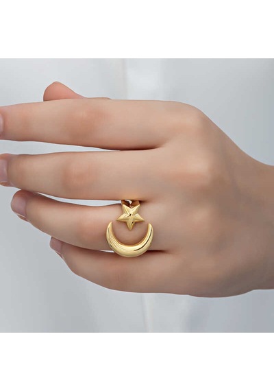 Hedivio 925 Ayar Gümüş Gold Ay Yıldız Kadın Yüzük