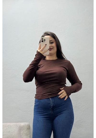 Belendir Kadın Bisiklet Yaka Buzzy Ribana Pamuk Geçmeli Body Kahve