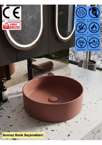 Thorax Lara Sınırsız Renk Leke Tutmaz Granit Çanak Banyo Evyesi Lavabosu Modern Yuvarlak Tasarım Çok Renkli