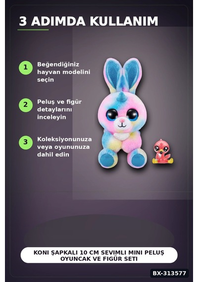 Koni Şapkalı 10 Cm Sevimli Mini Peluş Oyuncak Ve Figür Seti - 1 Adet, 3+ Yaş Bx-313577
