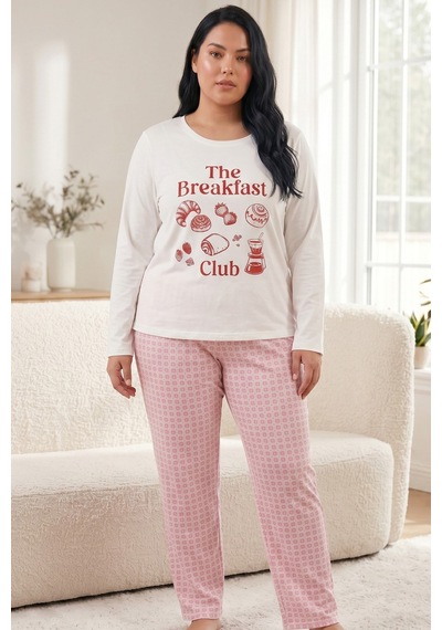 Siyah İnci Pamuklu Likralı Büyük Beden Battal Boy Örme Pijama Takım 26240919 Beyaz