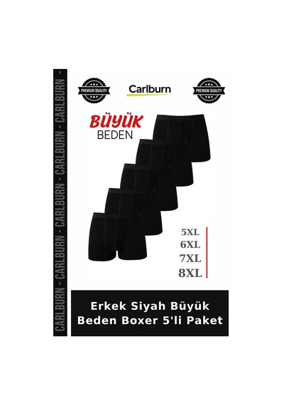Carlburn Özel Seri Erkek Siyah Büyük Beden Boxer 5'li Paket Normal Bel Likralı Model Günlük Giyim