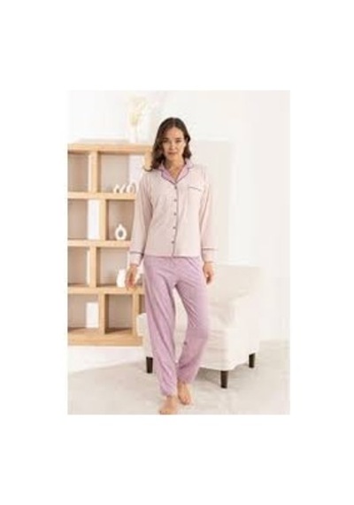 Primoda Pijamoni Bayan Milan Boydan Düğmeli Pijama Takım 7521 Pudra