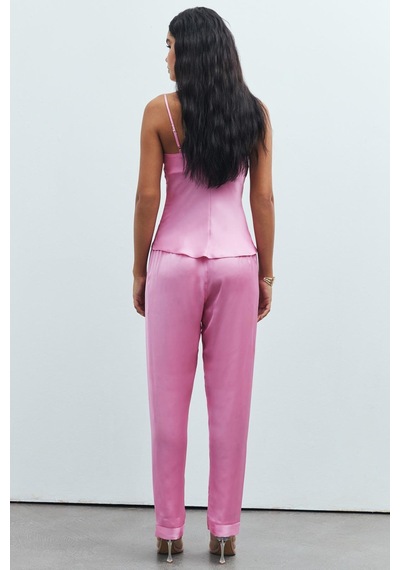 Brûleur Şeker Pembesi Degaje Yaka Askılı Uzun Saten Pijama Takımı Pembe