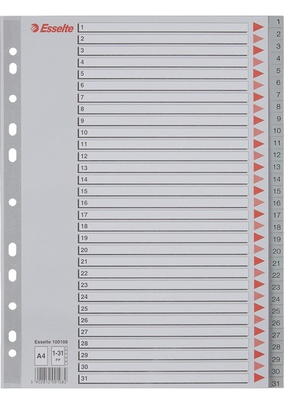 Esselte 1-31 Rakamlı Separatör, A4, Gri, 100108