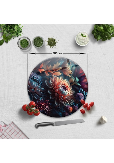Cam Kesme Tablası - Cam Kesme Tahtası Dark Flowers Çap 32CM