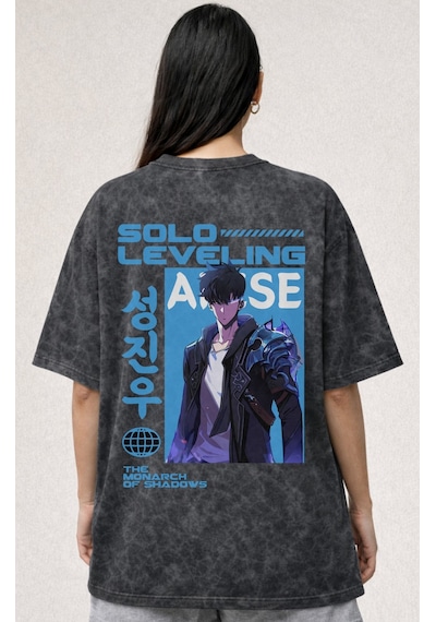 Solo Leveling Arise Anime Baskılı Unisex Oversize Eskitme Yıkamal Siyah