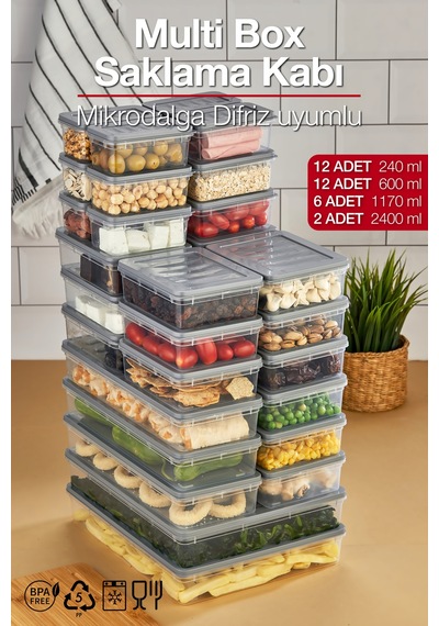 Multi Box 32 Parça 4 Farklı Boy Saklama Kabı Seti - Dondurucu & Mikrodalga Uyumlu Gri