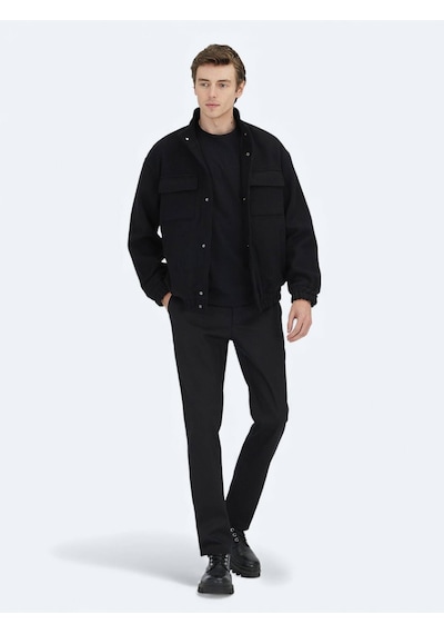 Kip Siyah Comfort Fit Dik Yaka Casual Dokuma Mont Siyah