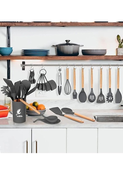 Mikla Isıya Dayanıklı Yanmaz Yapışmaz 33 Parça Silikon Spatula Mutfak Seti Gri Diğer