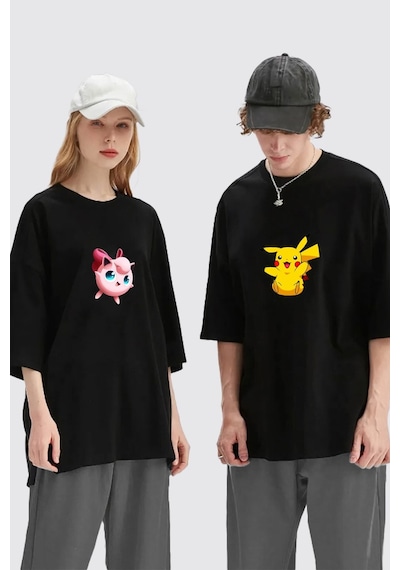 Unisex Kadın Erkek Pikachu Jigglypuff Baskılı Sevgili Çift Kombini Tasarım Oversize T-shirt 2'li Set Siyah Mck1964 Siyah