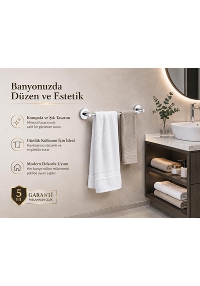 Alper Banyo 304 Paslanmaz Çelik Havlu Askısı 40 Cm, Parlak Krom Kaplama, Yapışkanlı Ve Vidalı Montaj, Banyo Akses Diğer