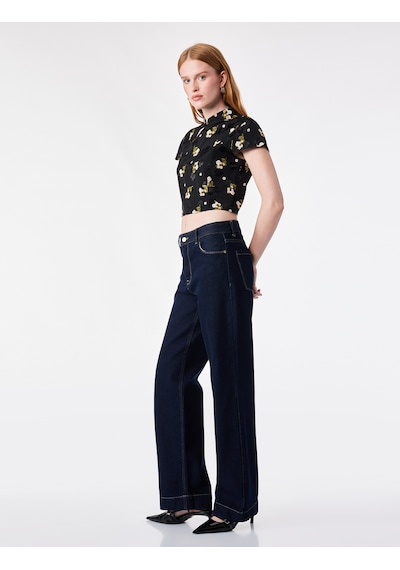 Koton Süslü Düğmeli Kısa Kollu Çiçek Desenli Dik Qipao Yaka Crop Bluz Siyah Desenli 7wak30017ew Koton Süslü Düğmeli Kısa Kollu Çiçek Desenli Dik Qipao Yaka Crop Bluz Siyah Desenli 7wak30017ew