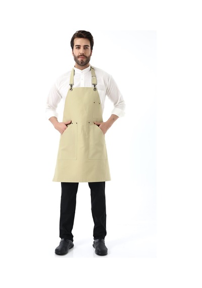 Barista Boyundan Askılı Önlük Kanguru Cepli - Bej-12187 Bej
