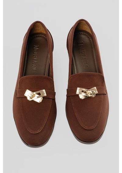 Kadın Nubuk Loafer Gold Tokalı Günlük Ayakkabı Elna Kahverengi Kahverengi