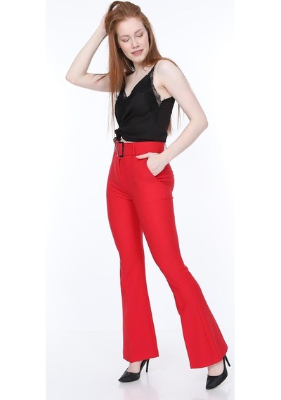 Bluence Beli Kemerli Ispanyol Paça Kırmızı Kumaş Pantolon Kırmızı