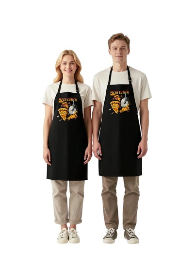 Unisex Mutfak Önlüğü Pizza Kesici Teması Grafik Baskılı Rahat Kes Siyah