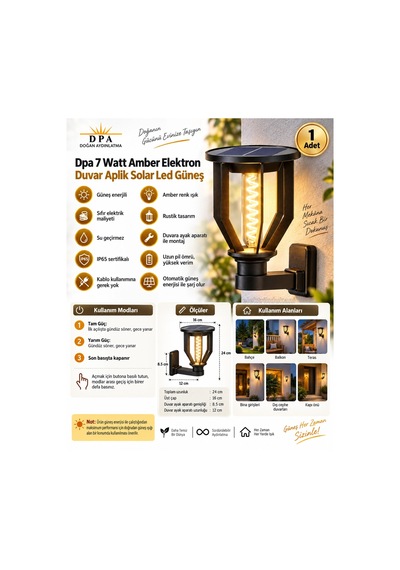 Dpa 7w Amber Elektron Duvar Aplik Solar Led Güneş Enerjili Şarjlı Armatür Lamba 2000k 190lm Ip65