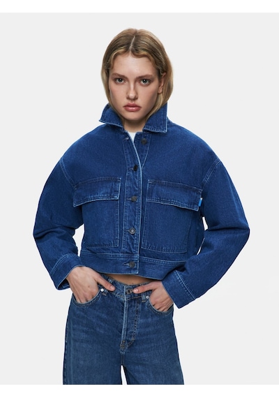 LTB Skyla Önü Cepli Crop Dark İndigo Jean Ceket Dark İndigo