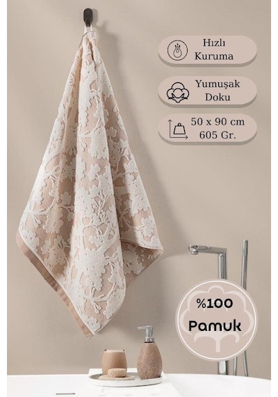 Pamuk Tekli Havlu Jakarlı Karna Eco Batıs - 50 X 90 Pudra