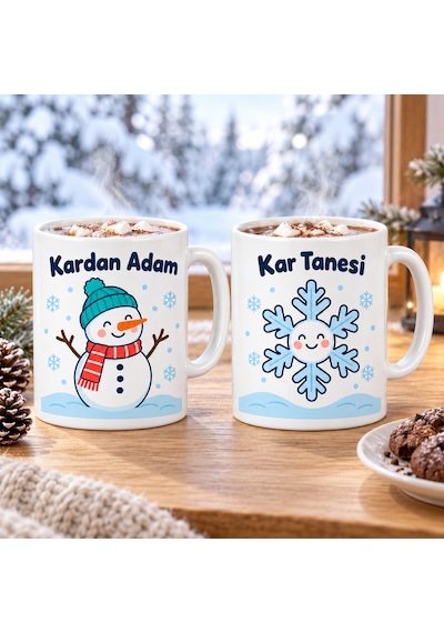 Buradabulabilirsin Kardan Adam Ve Kar Tanesi 2'li Porselen Kupa Seti - Model 401 Bbz Çok Renkli