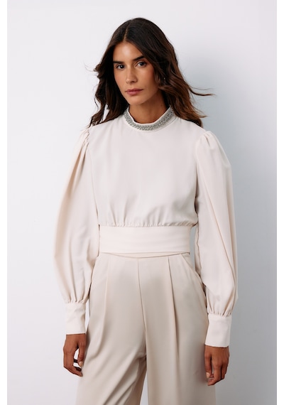 Sateen Yaka Aksesuarlı Bluz - Bej-135190 BEJ Bej